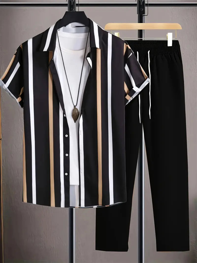 Modern Korean Co-ord – Multi-Stripe Cotton Shirt with Black Trousers