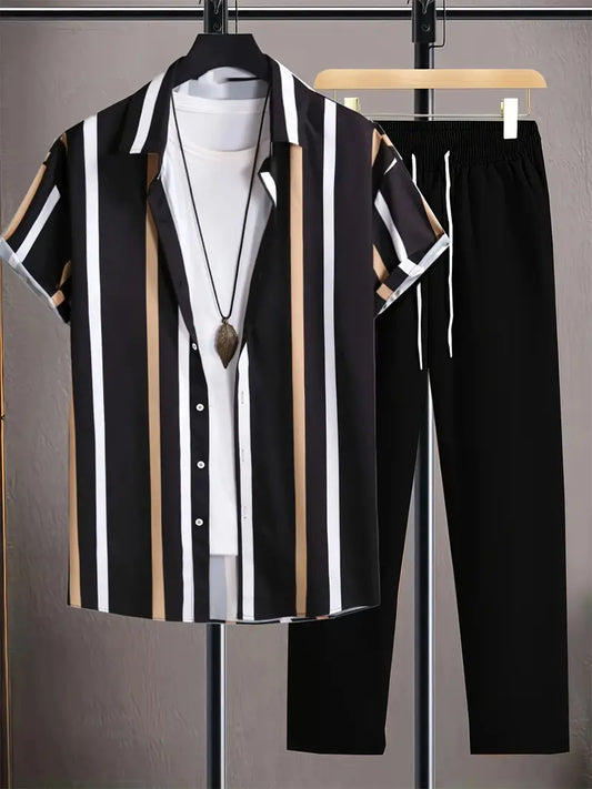 Modern Korean Co-ord – Multi-Stripe Cotton Shirt with Black Trousers