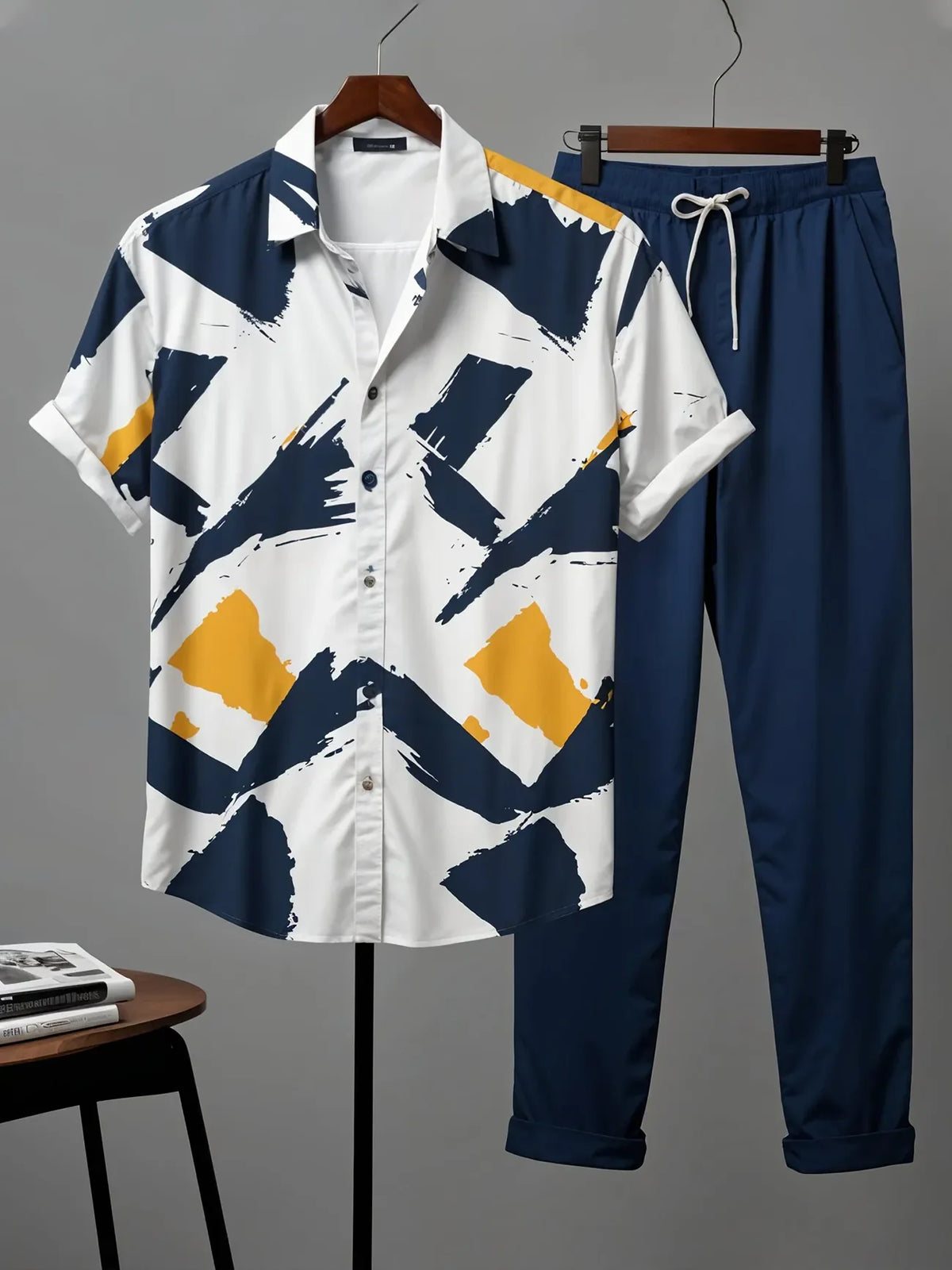 Bold Paint-Stroke Co-ord – Korean Fit Shirt & Solid Blue Pants