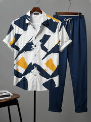 Bold Paint-Stroke Co-ord – Korean Fit Shirt & Solid Blue Pants
