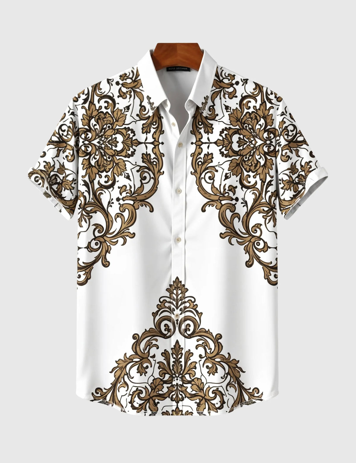 Regal Baroque Bloom Shirt – Golden Ornate Print on Classic White