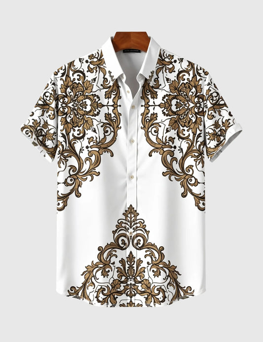 Regal Baroque Bloom Shirt – Golden Ornate Print on Classic White
