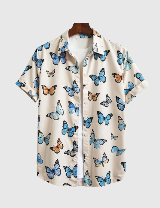 Men's Casual Short Sleeve Button-Up Shirt with Blue & Orange Butterfly Print