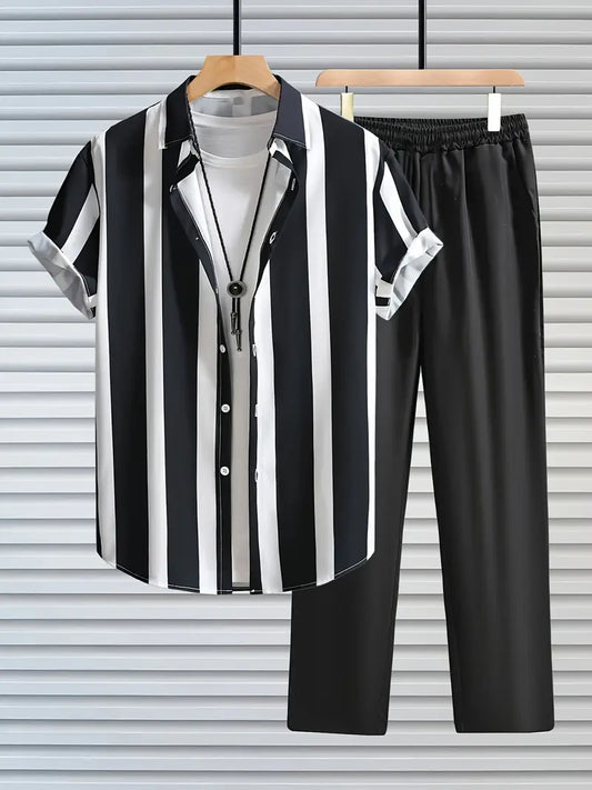 Korean Fit Cords – Bold Striped Shirt Paired with Classic Black Pants