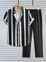 Korean Fit Cords – Bold Striped Shirt Paired with Classic Black Pants