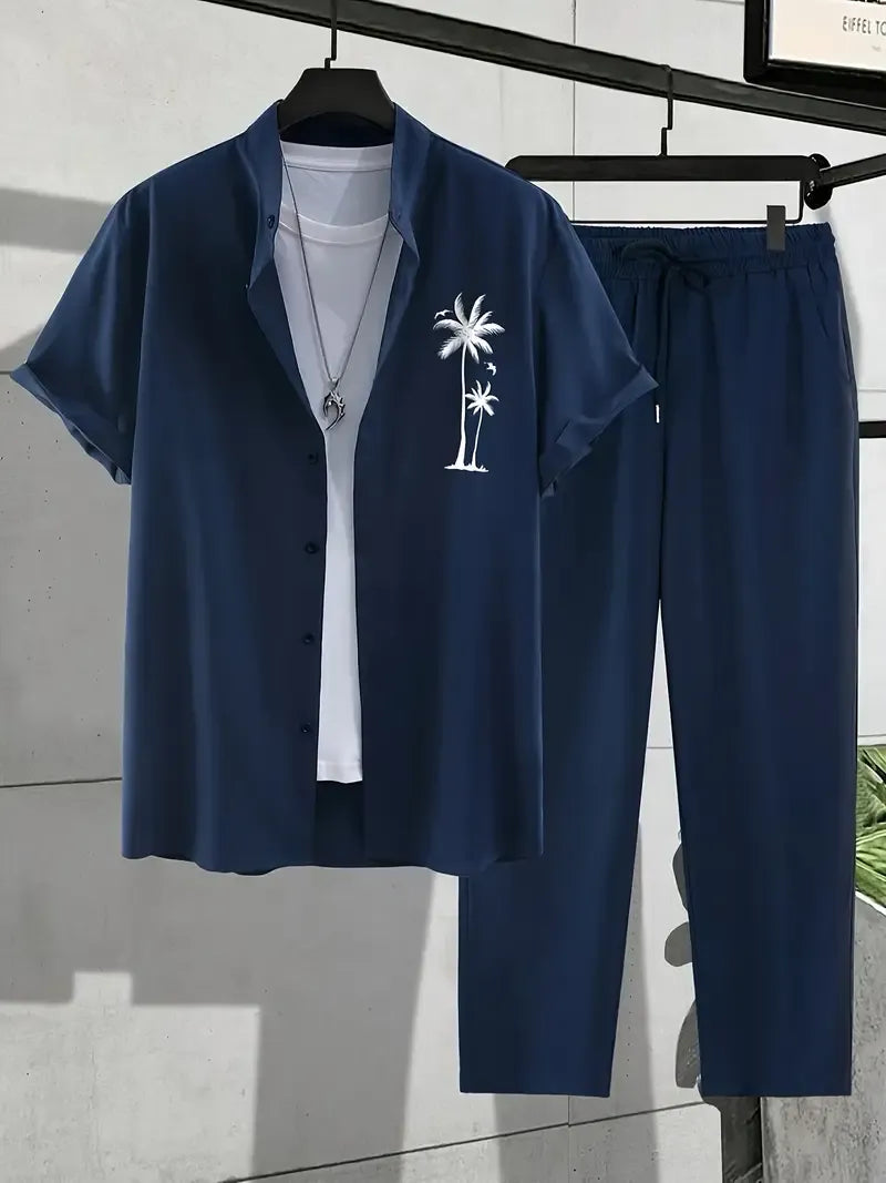 Korean Style Co-ord – Navy Blue Shirt with Palm Tree Print & Relaxed Pants