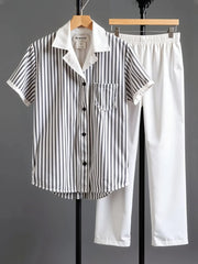 Korean Fit Co-ord Set – Pinstripe Shirt with Clean White Pants
