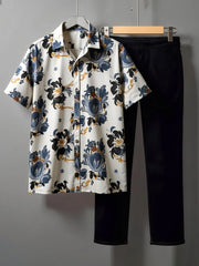 Korean Style Co-ord – Royal Blue & Ochre Floral Print Shirt with Jet Black Trousers