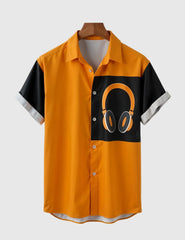 Trendy Orange & Black Short Sleeve Shirt with Music Headset Print – Casual Summer Vibes