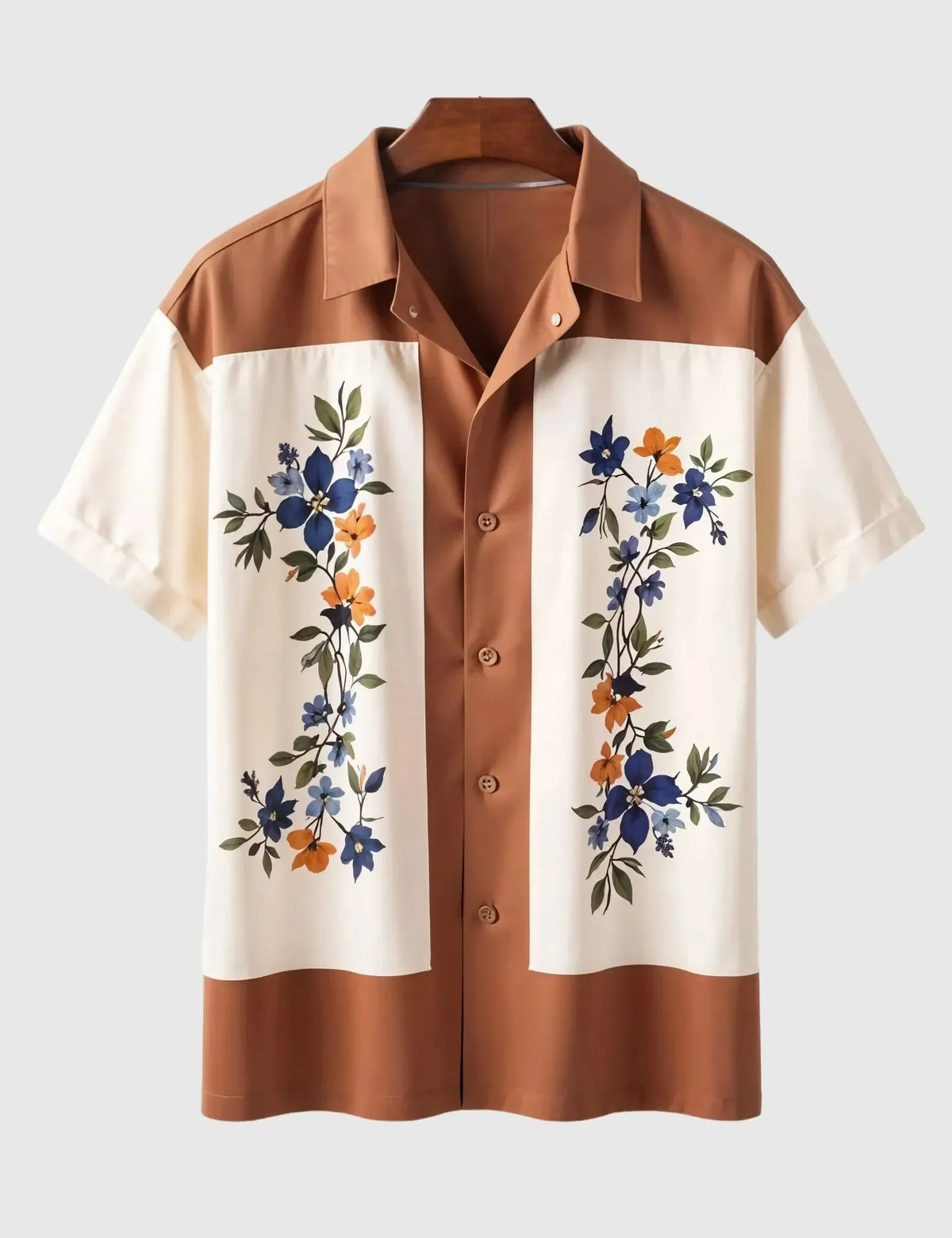 Men's Retro Floral Print Short Sleeve Shirt – Brown & Cream Color Block Design