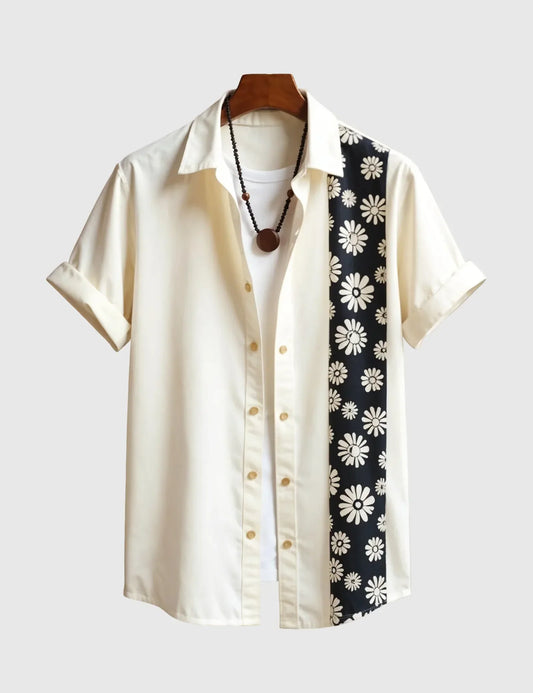 MonoBloom Contrast Shirt – Cream Casual Button-Up with Bold Daisy Stripe