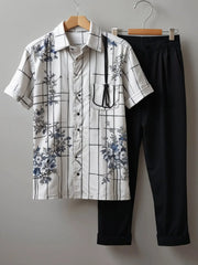 Modern Grid Floral Co-ord – Korean Fit Shirt with Black Pants