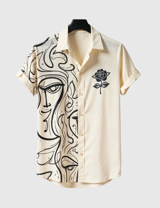 Men's Artistic Face Print Short Sleeve Shirt with Rose Detail – Cream & Black