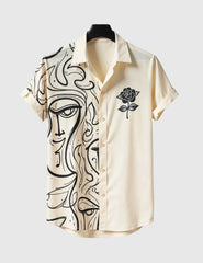 Men's Artistic Face Print Short Sleeve Shirt with Rose Detail – Cream & Black