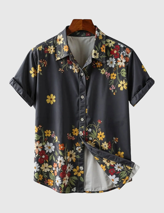 Midnight Bloom Men's Floral Shirt – Black Button-Up with Vibrant Garden Print