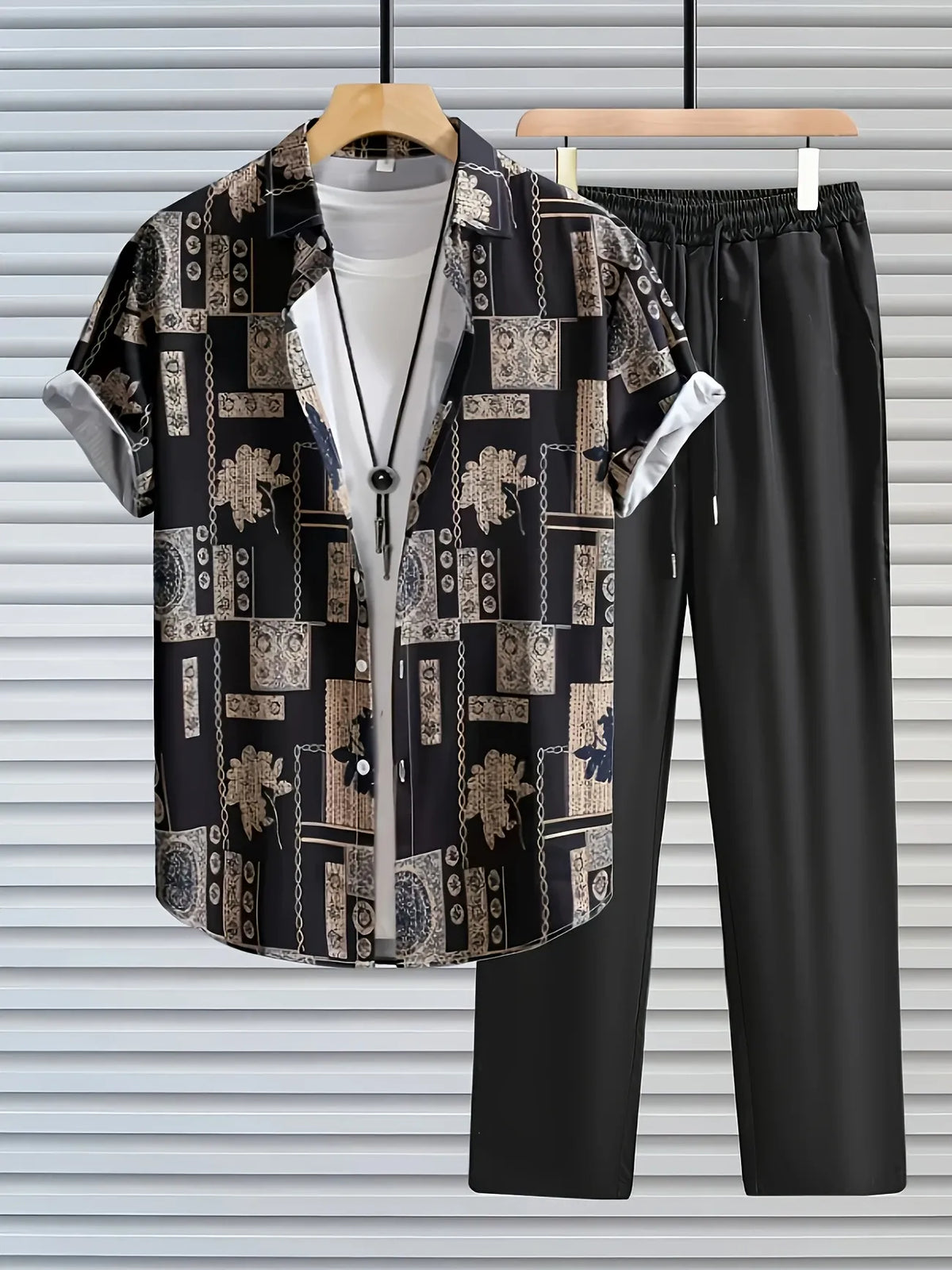 Korean Style Cords - Geometric Print Shirt with Minimal Black Pants