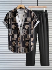 Korean Style Cords - Geometric Print Shirt with Minimal Black Pants
