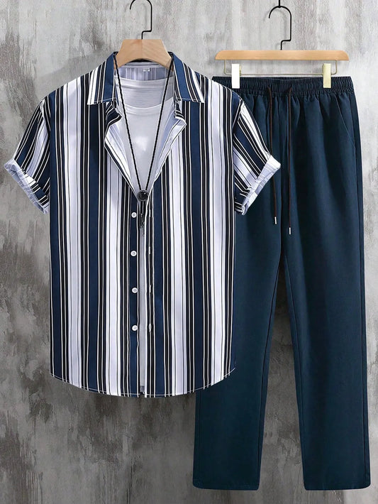 Classic Stripes Co-ord – Blue & White Strip Shirt with Relaxed Blue Pant