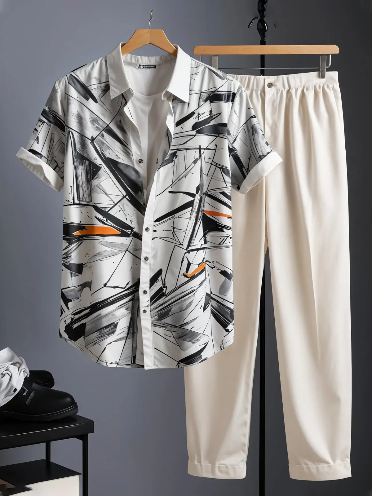 Korean Summer Co-ord – Graphic Brushstroke Shirt with Neutral Trousers