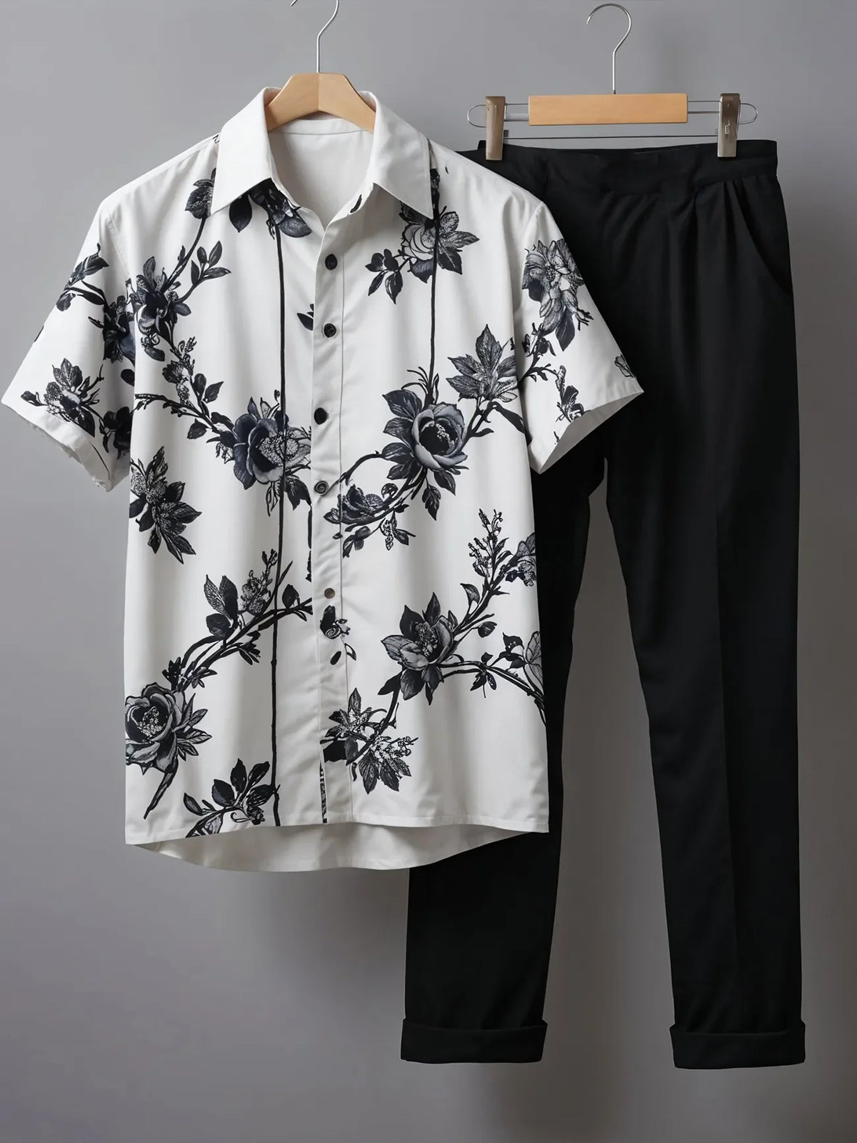 Minimal Floral Co-ord Set – Monochrome Rose Shirt with Black Pants