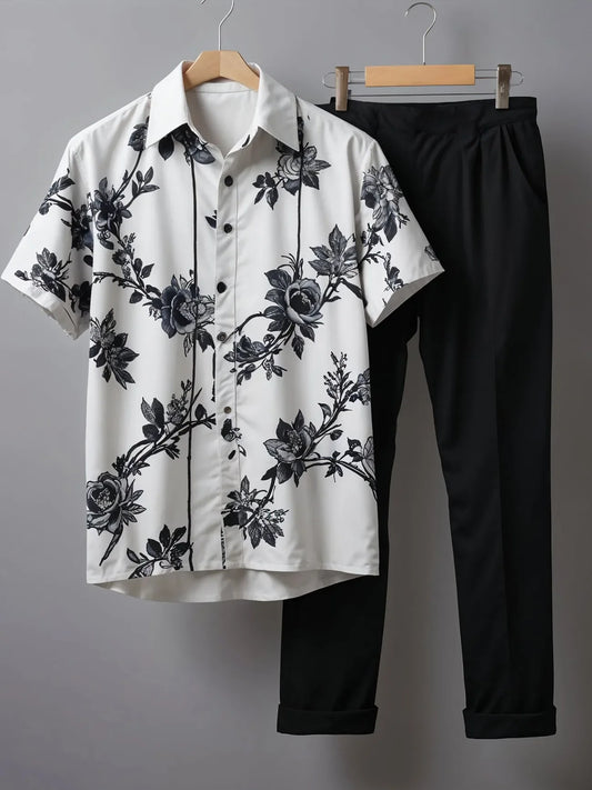Minimal Floral Co-ord Set – Monochrome Rose Shirt with Black Pants