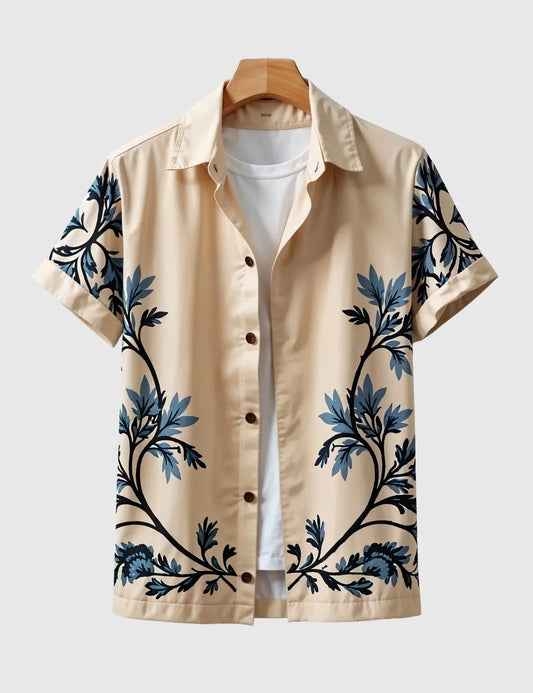 Desert Bloom Shirt – Beige Canvas with Midnight Blue Botanical Design