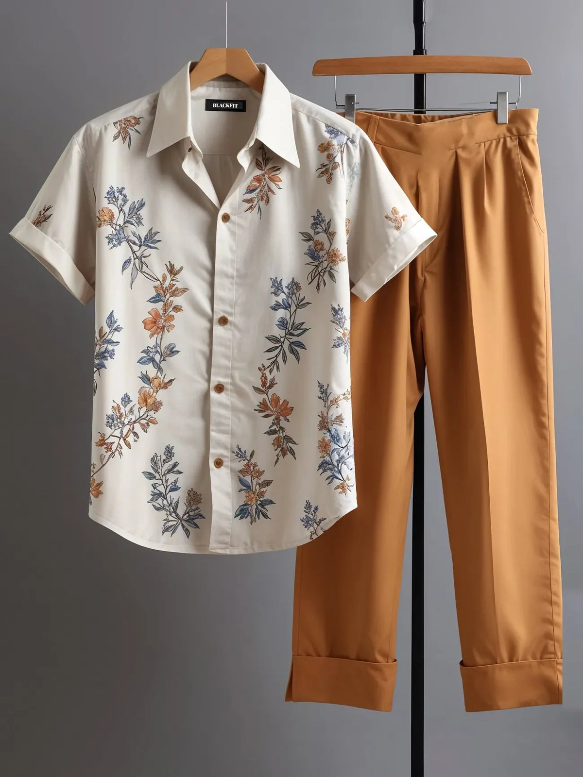 Korean Fit Co-ord – Soft Floral Shirt with Earth-Tone Trousers