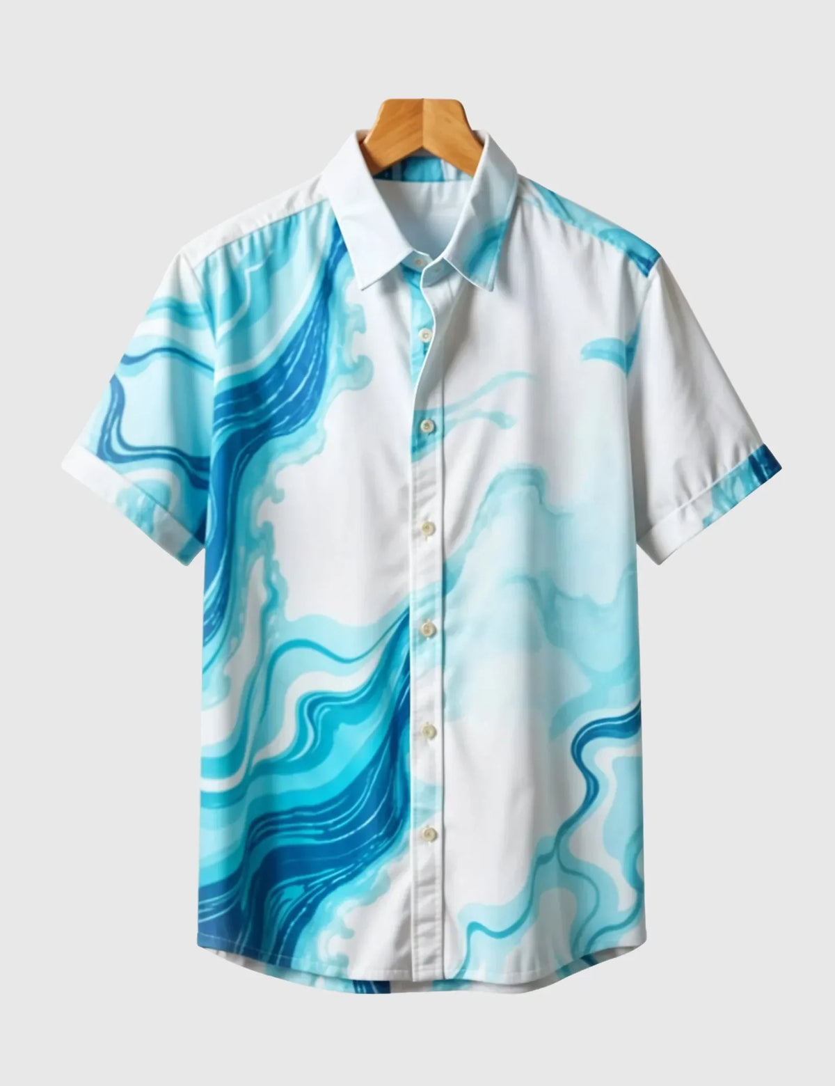 Ocean Drift Men's Abstract Wave Shirt – Cool Blue Swirl Print on White