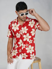 Crimson Tropics Men's Floral Shirt – Bold Red with Cream Blossom Print