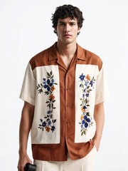 Men's Retro Floral Print Short Sleeve Shirt – Brown & Cream Color Block Design