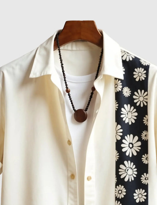 MonoBloom Contrast Shirt – Cream Casual Button-Up with Bold Daisy Stripe