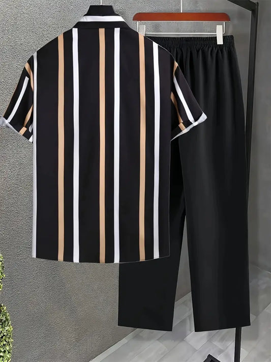 Modern Korean Co-ord – Multi-Stripe Cotton Shirt with Black Trousers