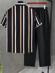Modern Korean Co-ord – Multi-Stripe Cotton Shirt with Black Trousers