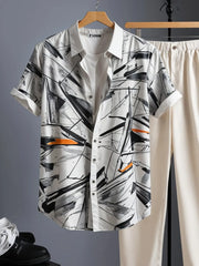 Korean Summer Co-ord – Graphic Brushstroke Shirt with Neutral Trousers