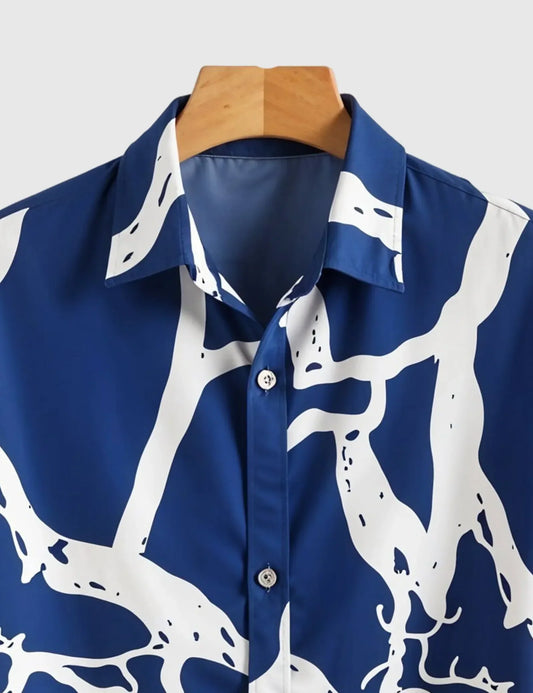 Midnight Branches Shirt – Abstract White Vein Print on Deep Blue Canvas