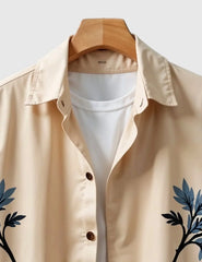Desert Bloom Shirt – Beige Canvas with Midnight Blue Botanical Design