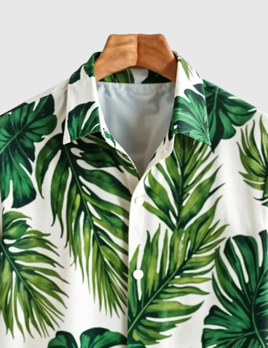 Tropical Breeze Men's Leaf Print Shirt – Green Jungle Vibes on White