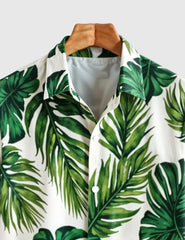 Tropical Breeze Men's Leaf Print Shirt – Green Jungle Vibes on White