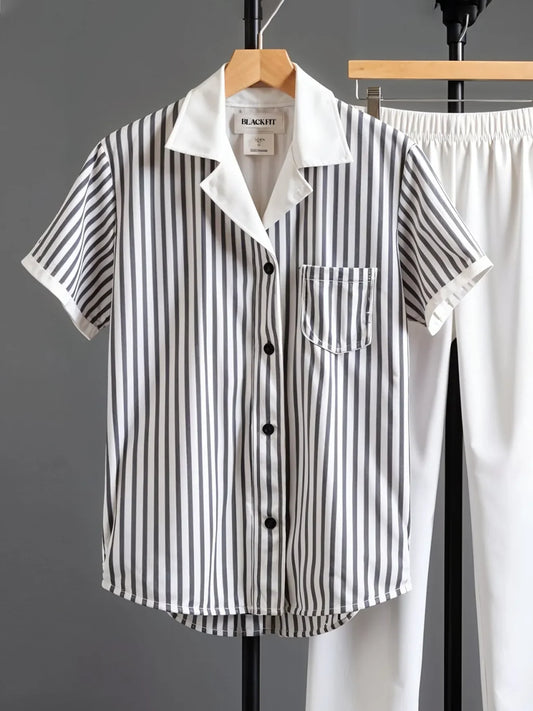 Korean Fit Co-ord Set – Pinstripe Shirt with Clean White Pants