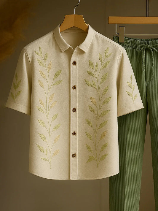 Botanical Co-ord Set – Minimalist Leaf Shirt & Ribbed Olive Trousers