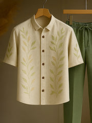 Botanical Co-ord Set – Minimalist Leaf Shirt & Ribbed Olive Trousers