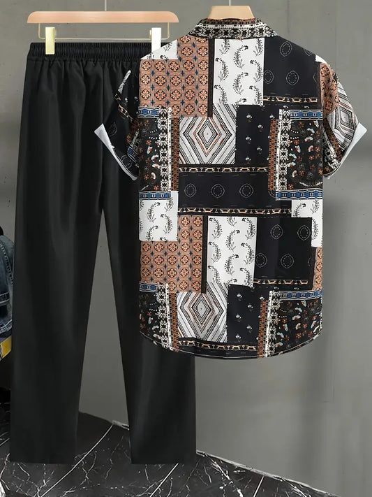 Korean Co-ord Set – Retro Patchwork Shirt Paired with Black Cotton Trousers