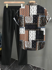 Korean Co-ord Set – Retro Patchwork Shirt Paired with Black Cotton Trousers