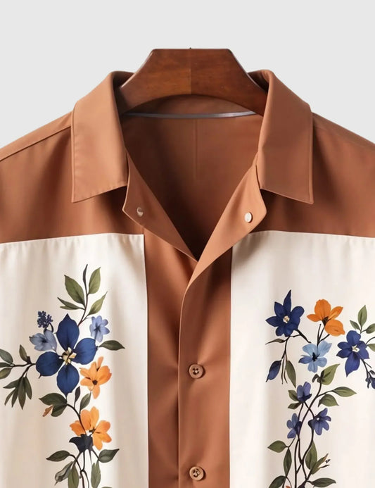 Men's Retro Floral Print Short Sleeve Shirt – Brown & Cream Color Block Design