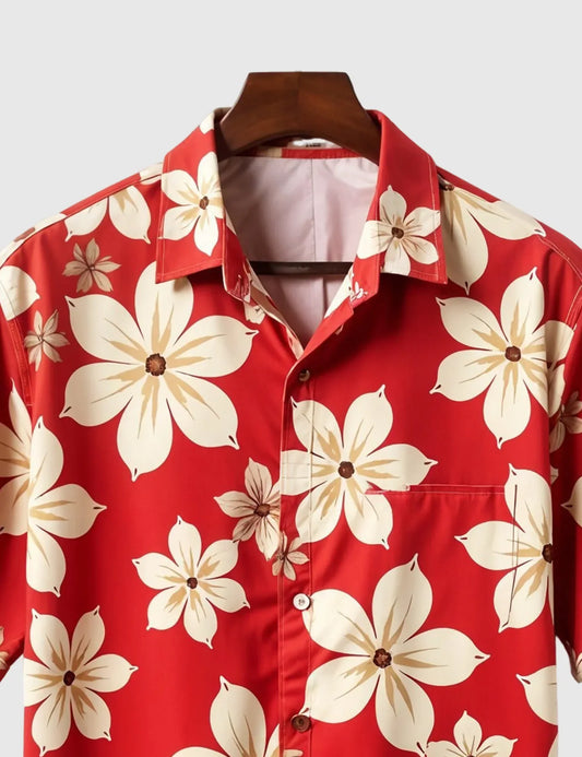 Crimson Tropics Men's Floral Shirt – Bold Red with Cream Blossom Print