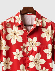 Crimson Tropics Men's Floral Shirt – Bold Red with Cream Blossom Print