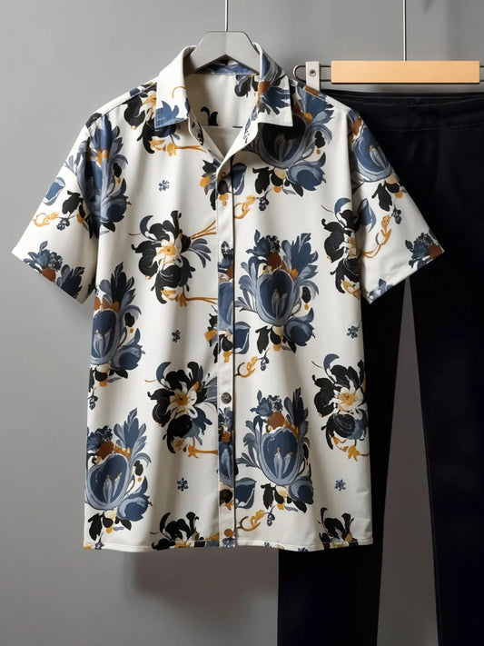 Korean Style Co-ord – Royal Blue & Ochre Floral Print Shirt with Jet Black Trousers