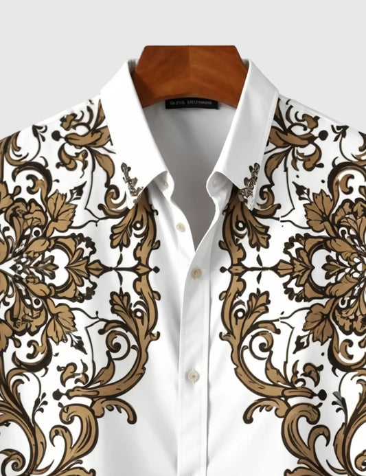 Regal Baroque Bloom Shirt – Golden Ornate Print on Classic White