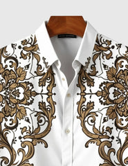 Regal Baroque Bloom Shirt – Golden Ornate Print on Classic White