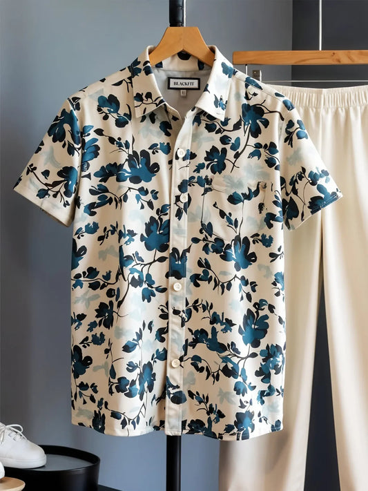 Classy Teal Bloom Co-ord – Korean Fit Floral Shirt & Neutral Bottoms